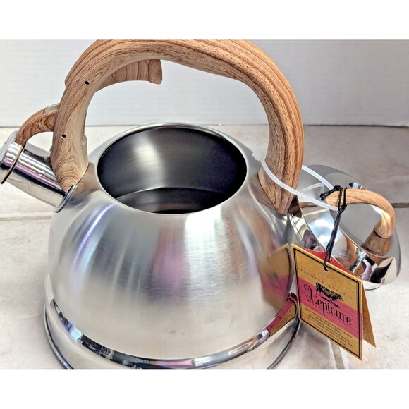 Lepicure Whistling Tea Kettle Silver Stainless Steel Wood Pattern Handle Gift - Picture 6 of 9